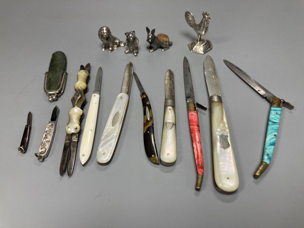 Six assorted 19th century and later pen knives, three mother of pearl handled fruit knives including Victorian, etc.